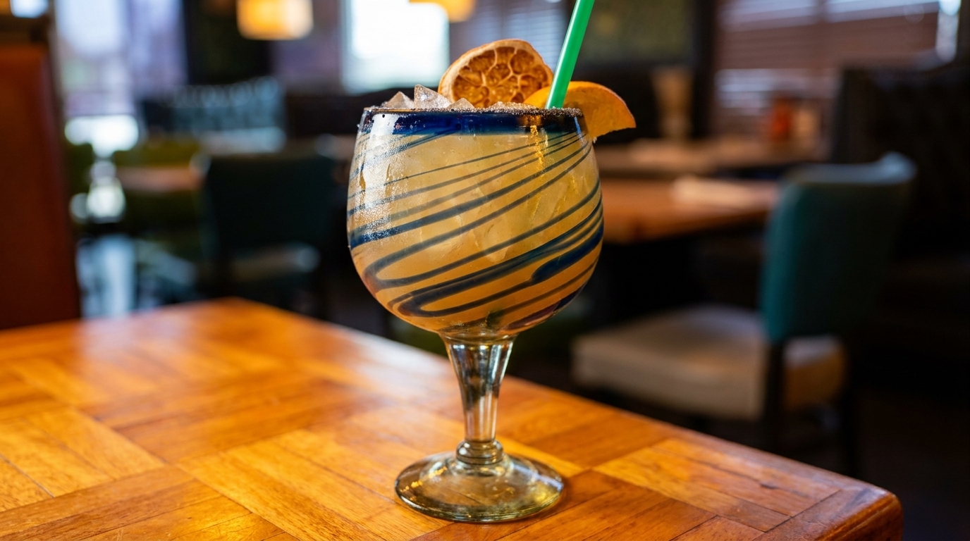 Margarita in a swirled glass with orange slices and a green straw on a wooden table.