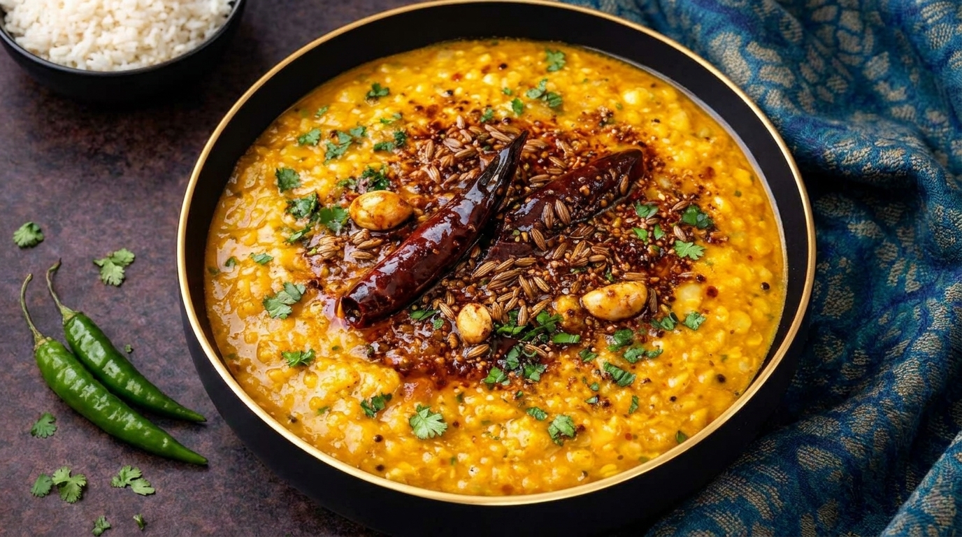 A black bowl of yellow dal with a spicy tempering, served with white rice and green chilies.