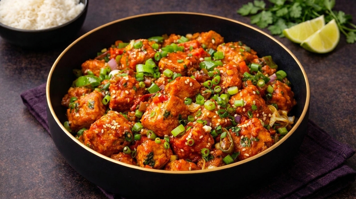A black bowl filled with chili paneer, garnished with green onions and sesame seeds, served with rice and lime.