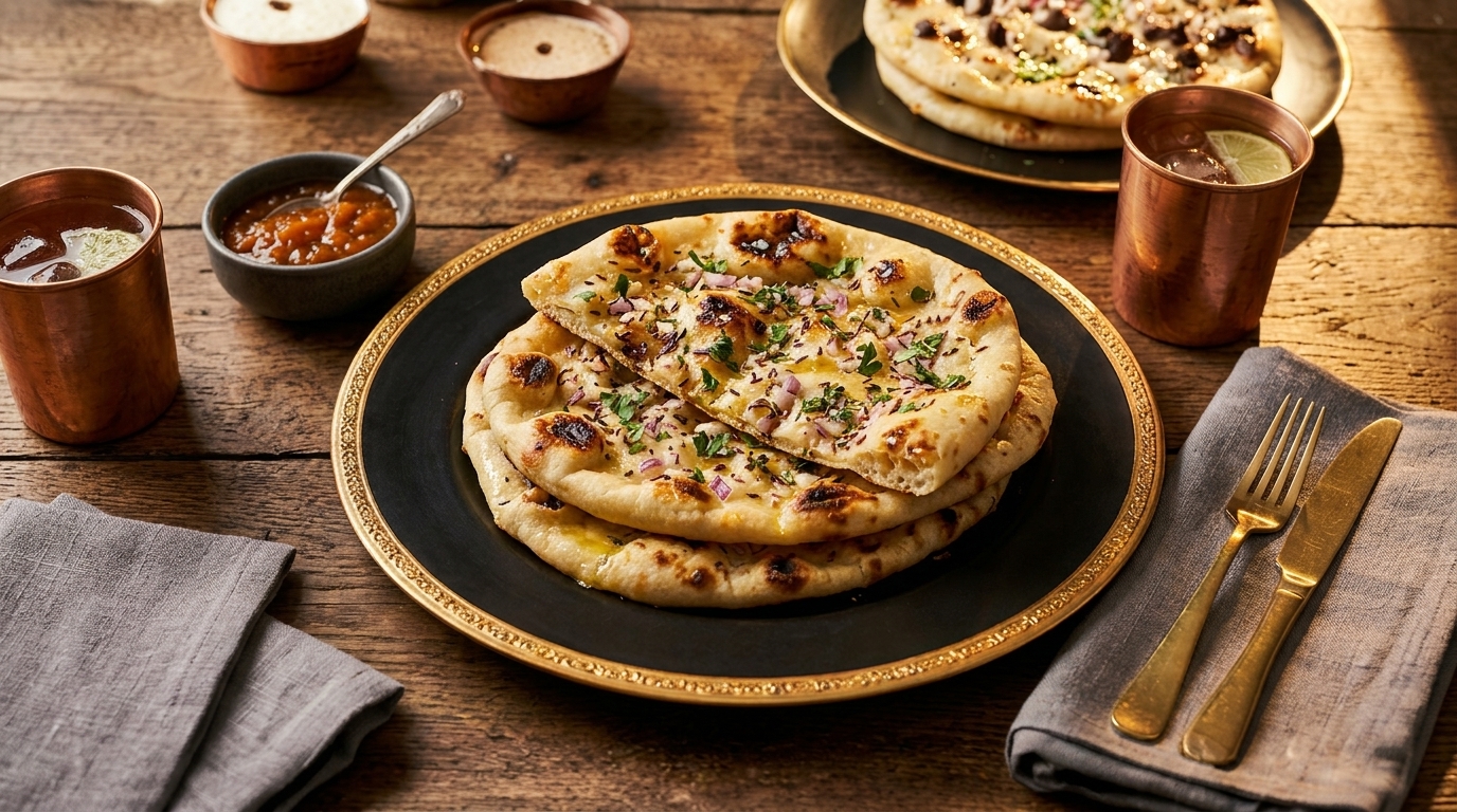 Golden naan bread with herbs and red onions on a black and gold plate, with drinks and sauces.