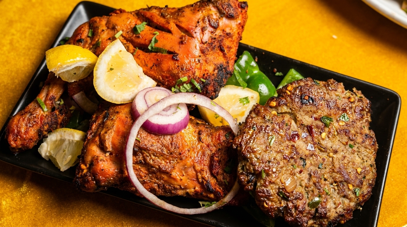 Grilled chicken and a spiced patty with lemon, onions, and green peppers on a black plate.