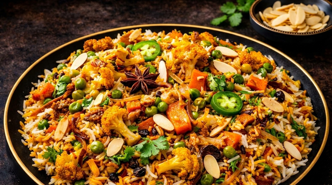 A vibrant biryani dish with rice, cauliflower, peas, carrots, almonds, and star anise in a black bowl.
