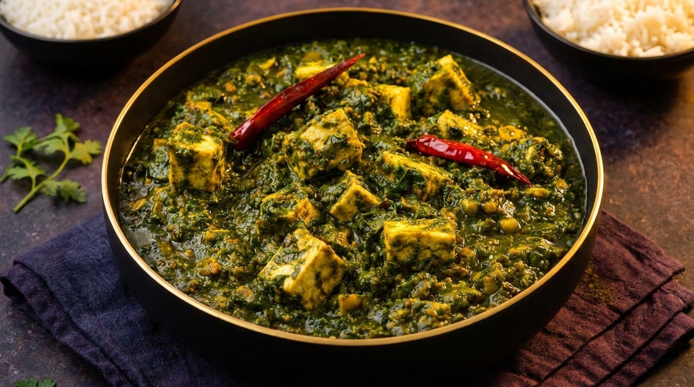 Palak Paneer, a vibrant green Indian dish with paneer cubes and red chilies, served with rice.