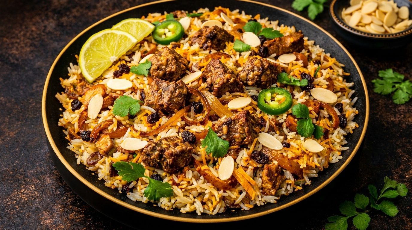 Close-up of a black bowl filled with biryani, garnished with lime, jalapeños, almonds, and cilantro.