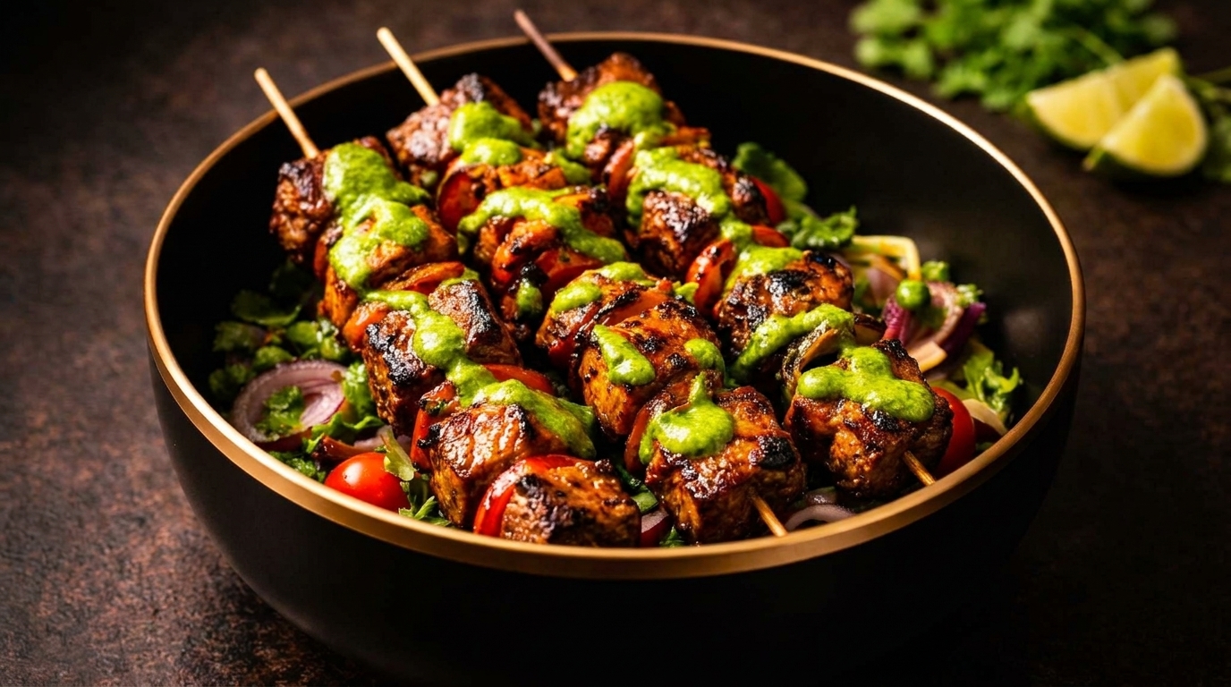 Grilled chicken skewers with green sauce, cherry tomatoes, and red onions in a black bowl.
