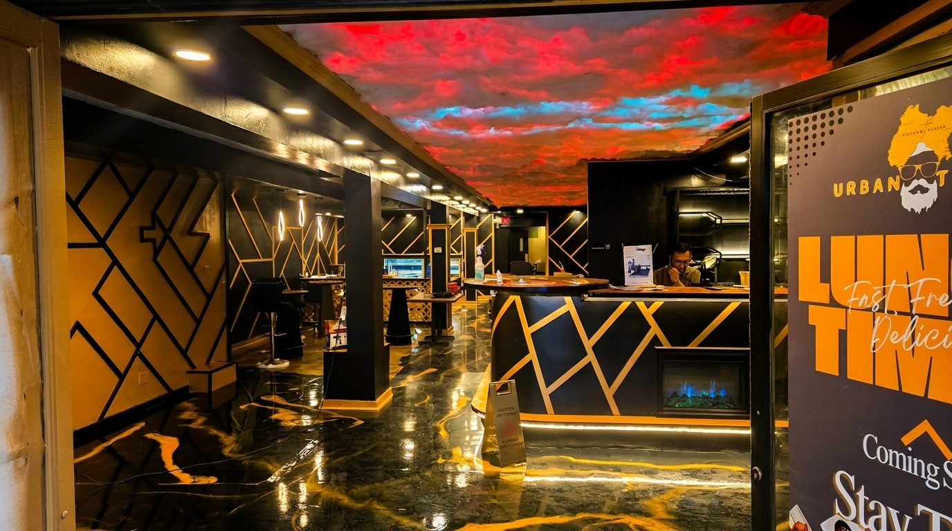 Modern restaurant interior with black and gold decor, a red and blue cloud ceiling, and a host stand.