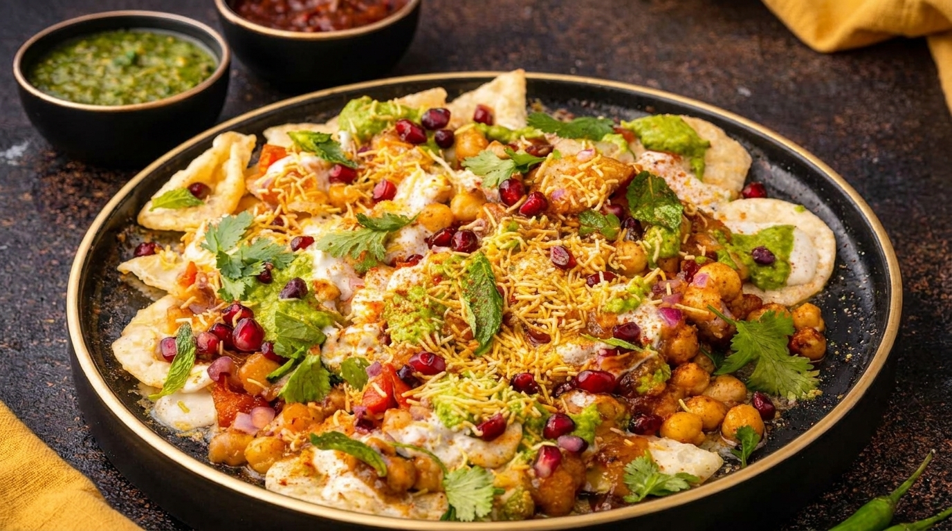 A vibrant plate of Indian chaat with chickpeas, pomegranate, sauces, and crispy toppings.