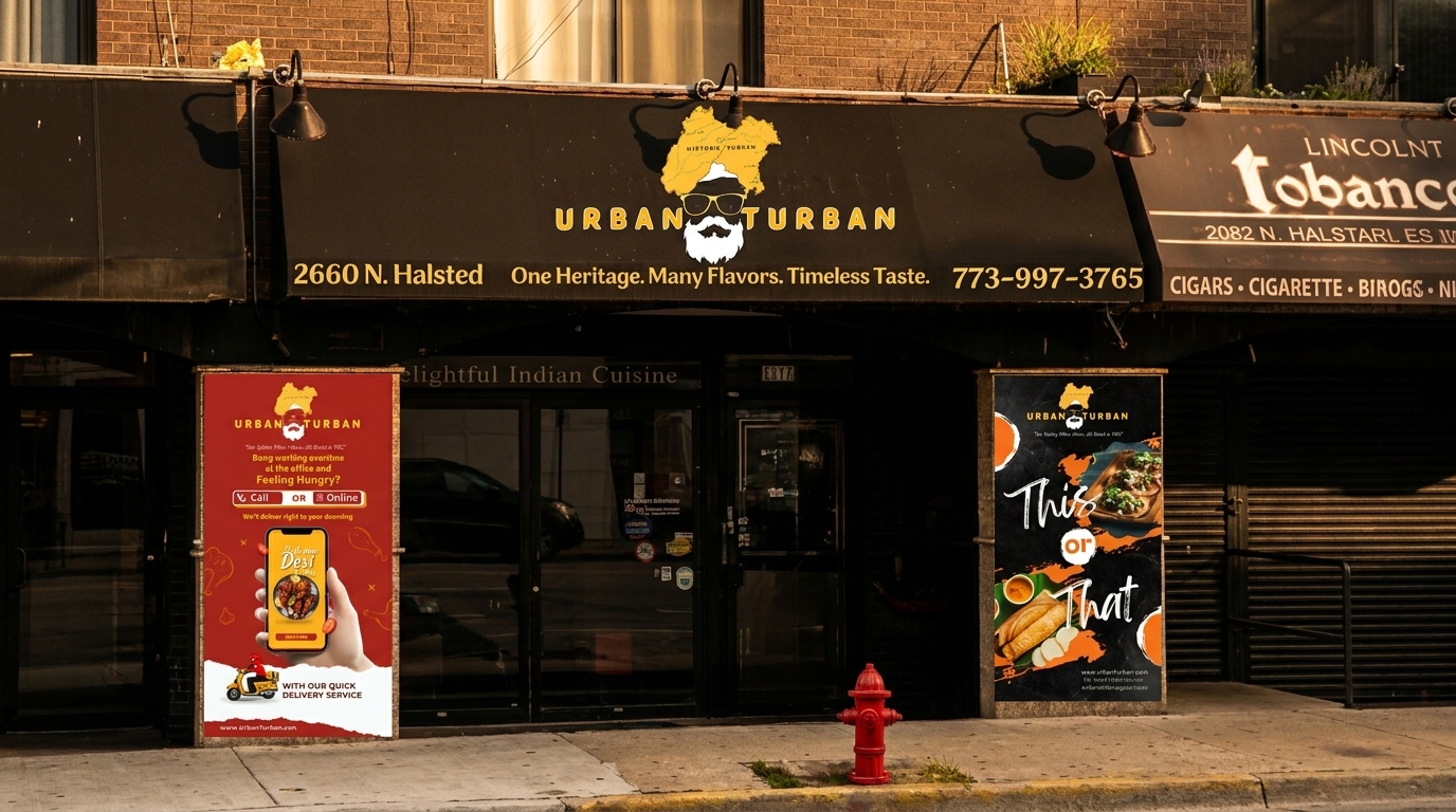 Urban Turban Indian Cuisine storefront with two promotional banners and a red fire hydrant.