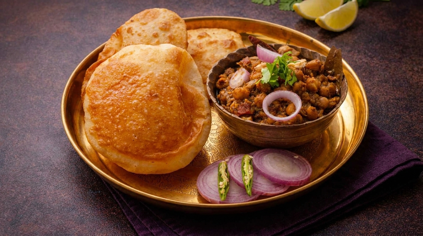 Golden fried puri bread, chole masala, sliced red onions, and green chilies on a brass plate.