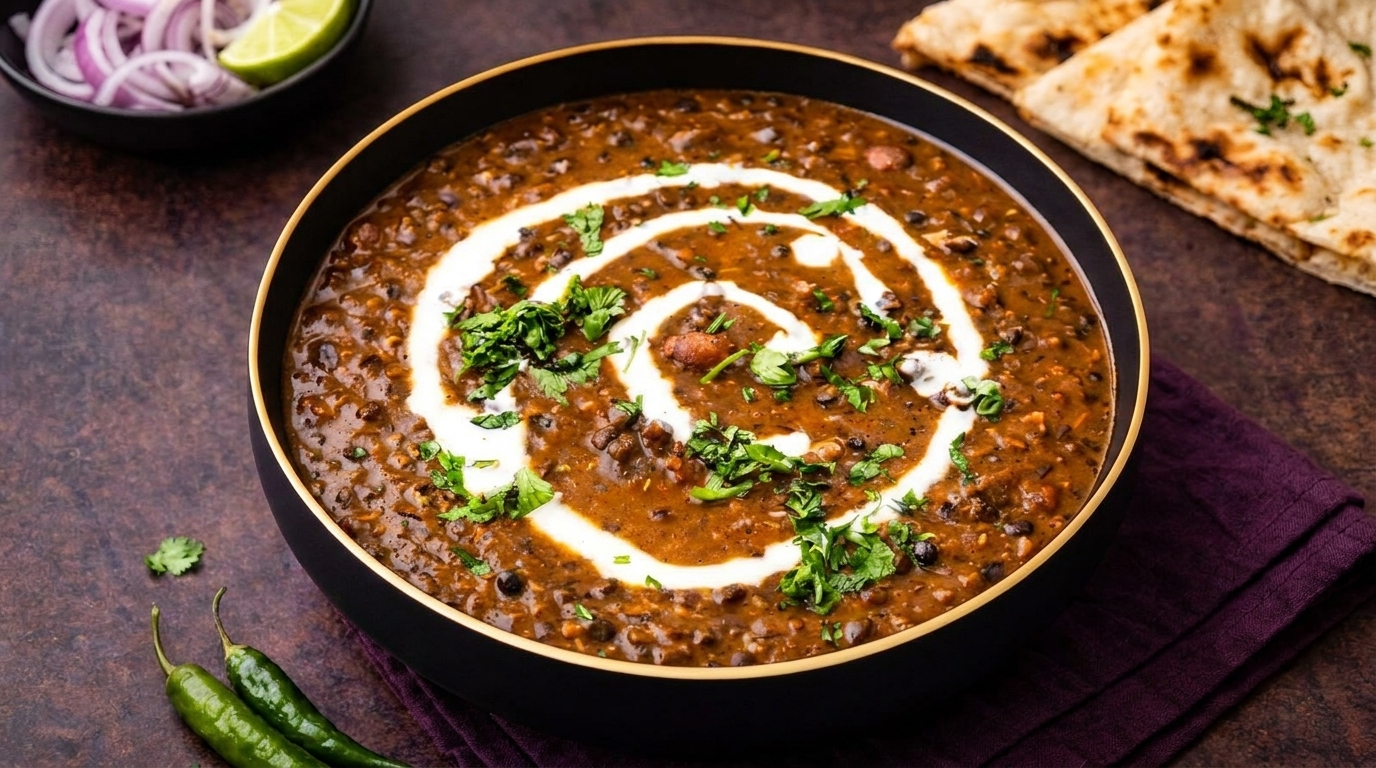 A black bowl of creamy Dal Makhani, garnished with cilantro and a swirl of cream, with naan and onions.