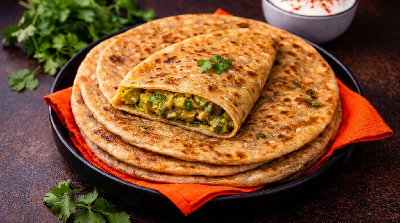 Stack of golden-brown parathas with one folded over, revealing a savory green filling, on an orange napkin.