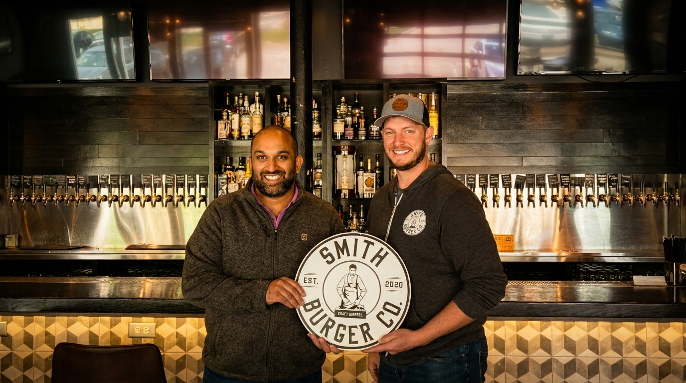 Two men holding a "Smith Burger Co." sign in front of a bar with beer taps and liquor bottles.