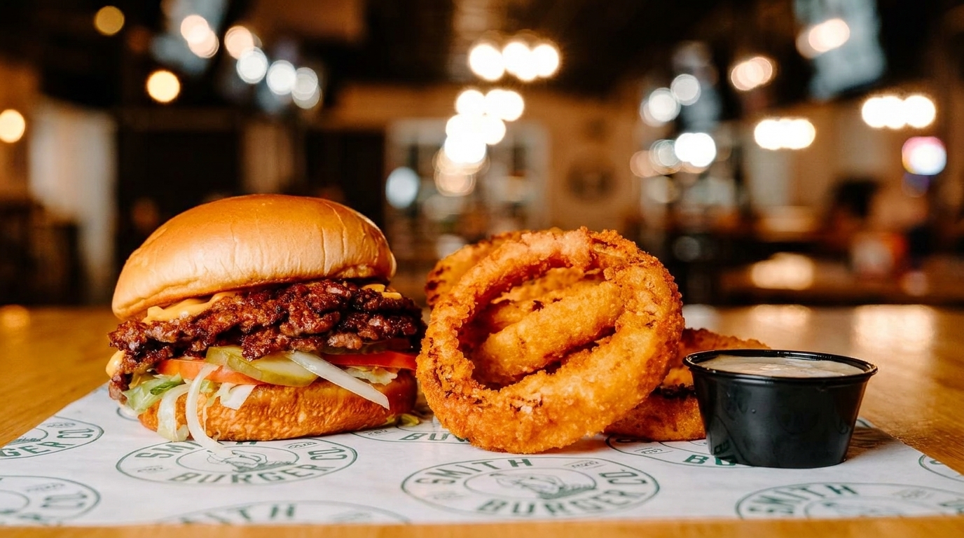 A double cheeseburger with lettuce, tomato, and pickles, alongside crispy onion rings and dipping sauce.