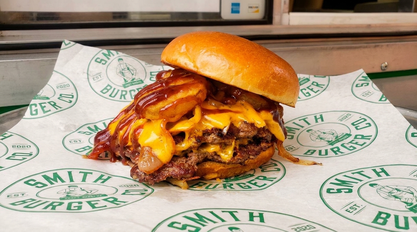 A double cheeseburger with onion rings, melted cheese, and BBQ sauce on Smith Burger Co. branded paper.