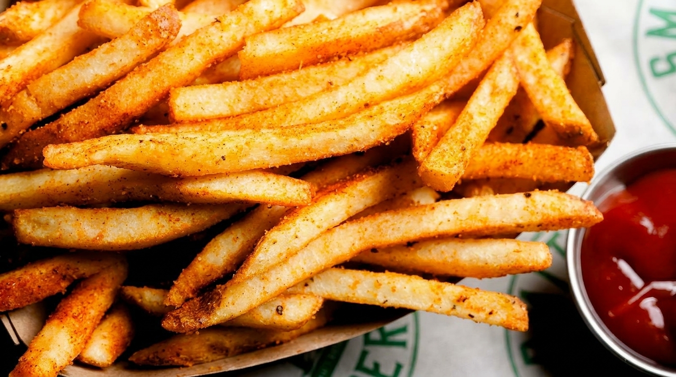 Close-up of seasoned french fries in a paper container next to a metal cup of ketchup.