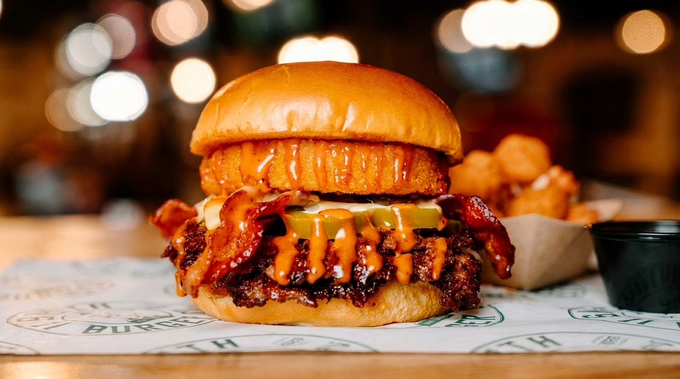 A juicy burger with bacon, pickles, onion rings, and sauce, served with tater tots.