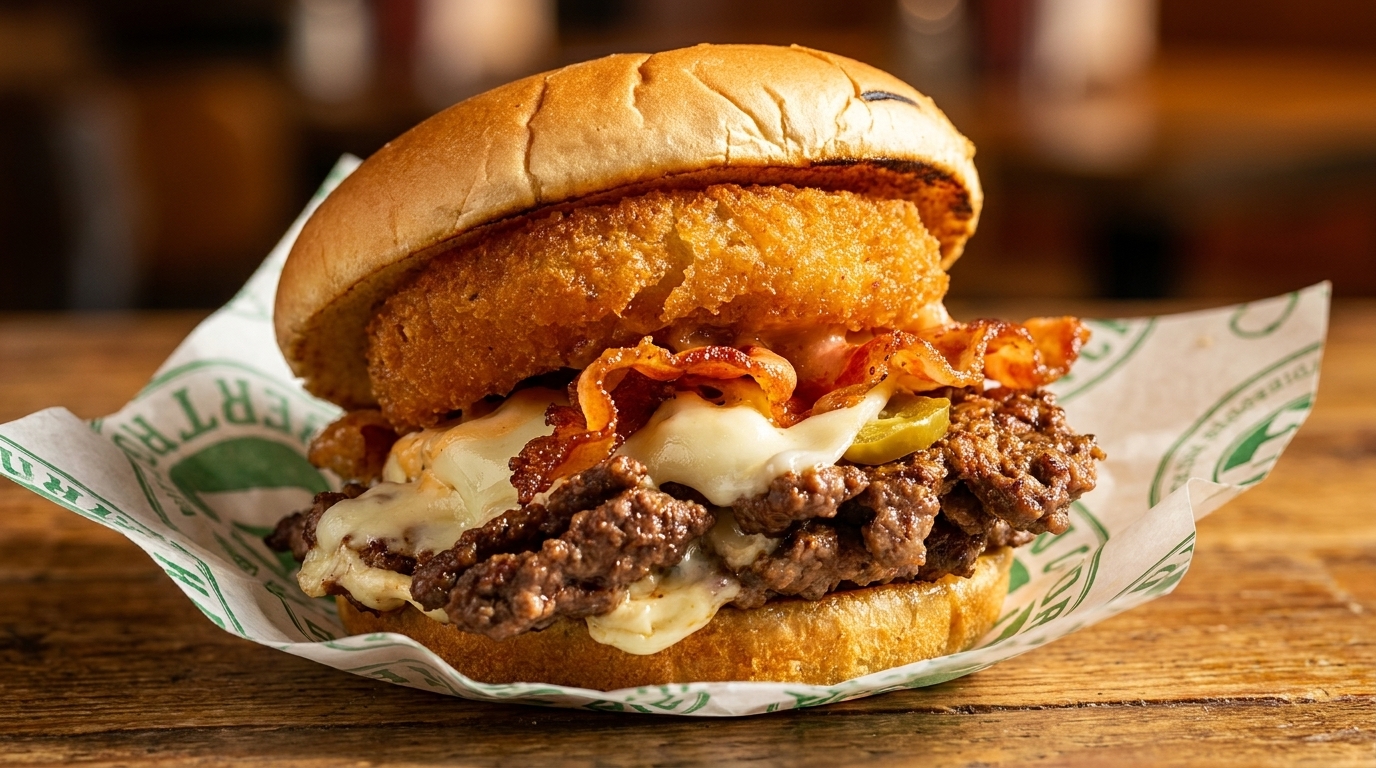 A juicy burger with melted cheese, crispy bacon, jalapeños, and an onion ring on a bun.