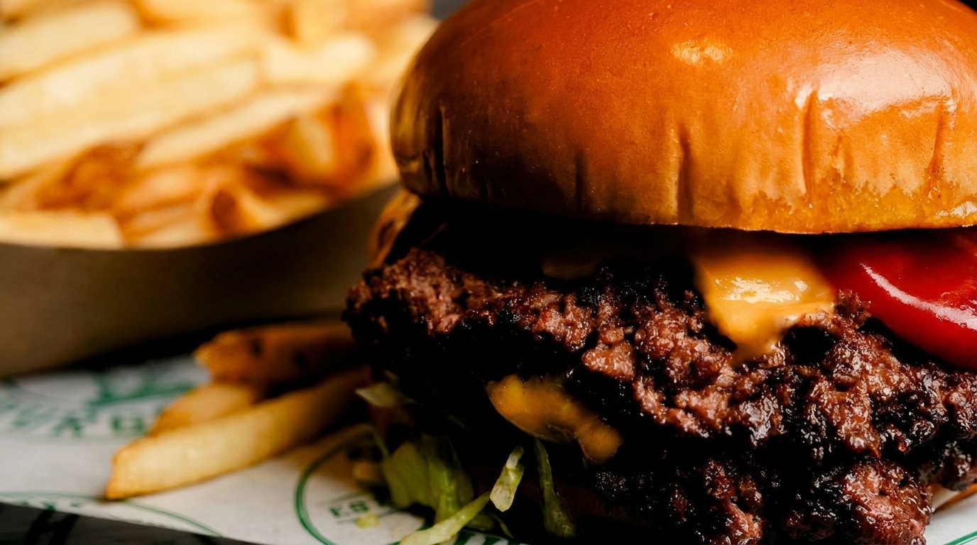 Close-up of a juicy cheeseburger with ketchup, lettuce, and a side of golden fries.
