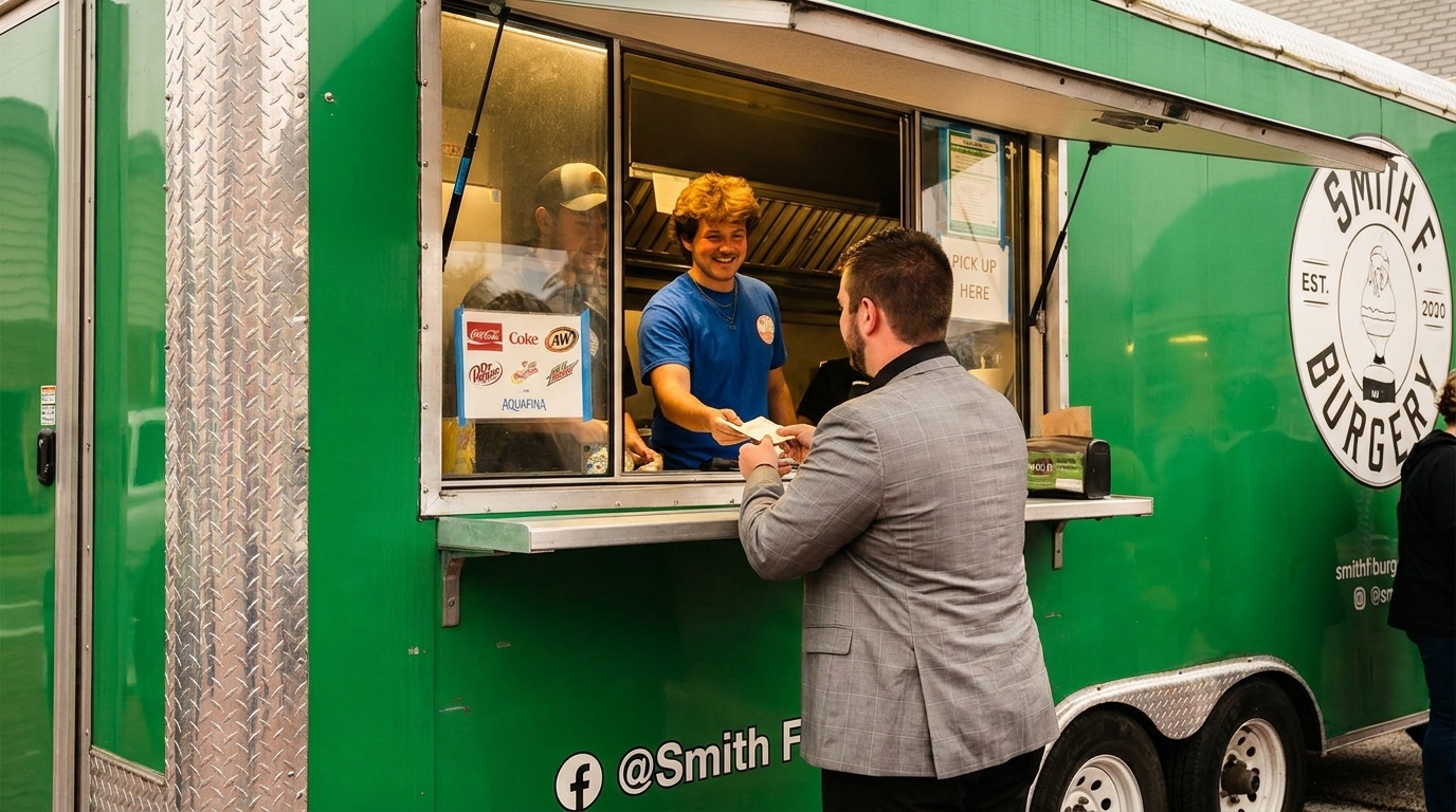A customer receives food from a smiling employee at the green Smith F. Burger food truck.