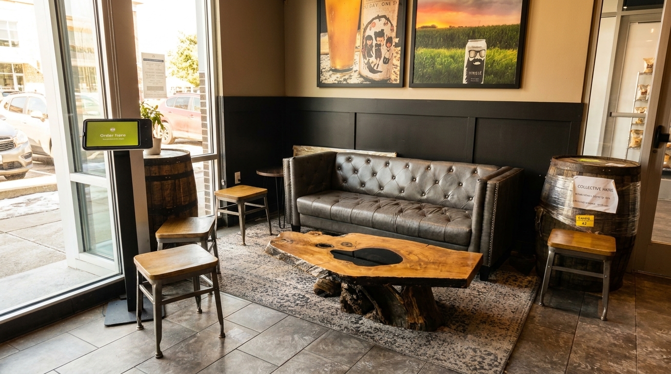 Cozy restaurant waiting area with a leather sofa, live-edge coffee table, and bar stools.