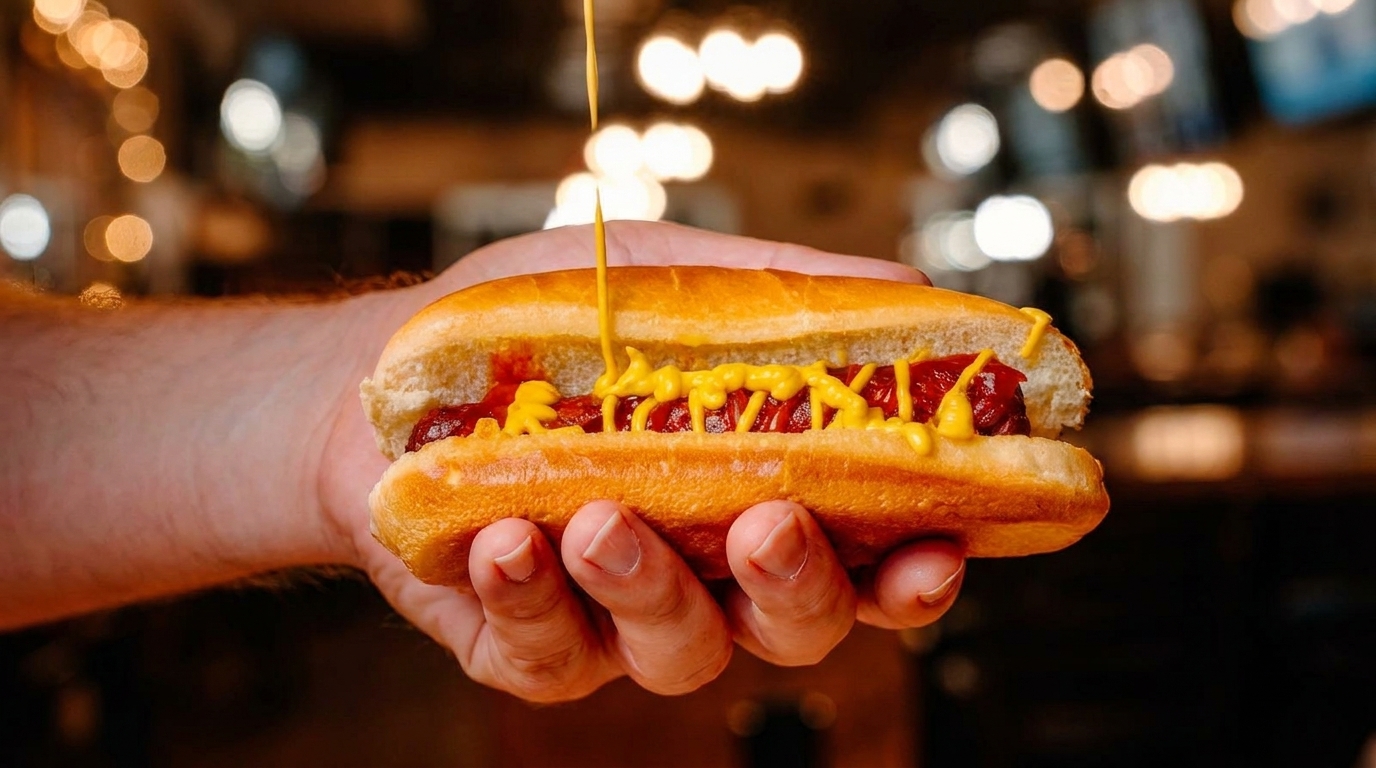 A hand holds a hot dog with ketchup and mustard being drizzled on top.