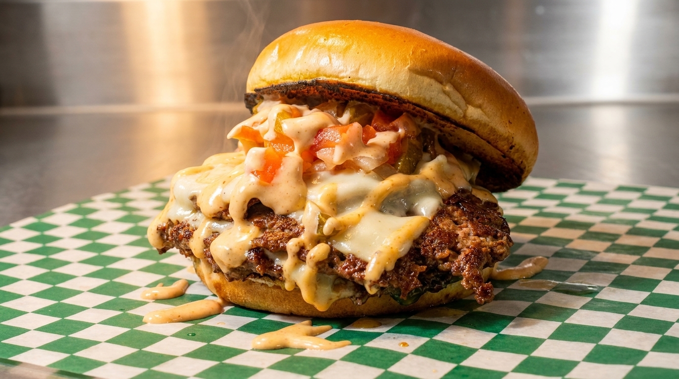 A steaming double cheeseburger with melted cheese, salsa, and sauce on green checkered paper.