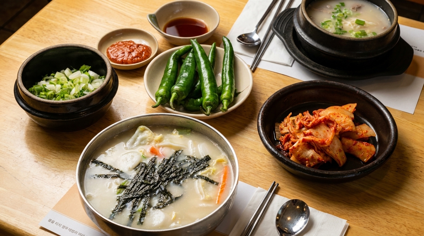 A Korean meal with two bowls of soup, kimchi, green peppers, and chopped scallions on a wooden table.