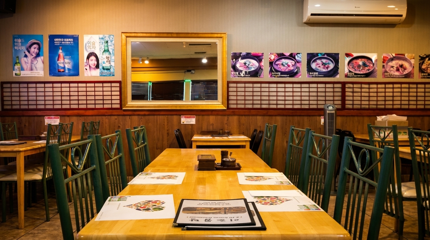 Empty Korean restaurant dining room with wooden tables, green chairs, and food posters on the wall.