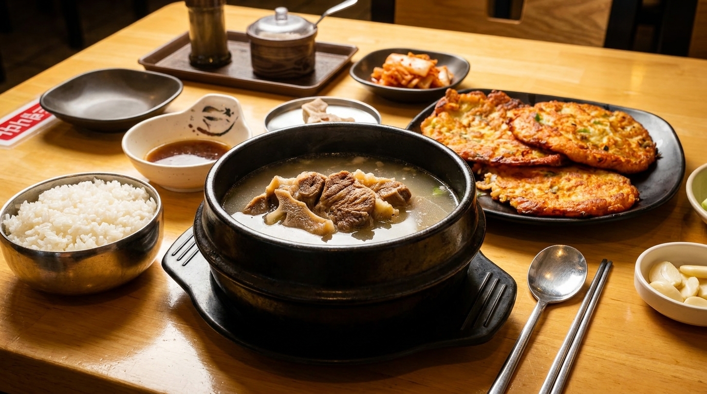 A Korean meal with beef soup, rice, kimchi, and savory pancakes on a wooden table.