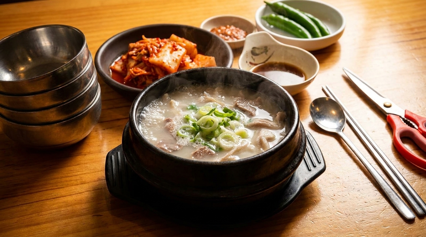Steaming bowl of Korean soup with green onions, kimchi, peppers, and metal utensils on a wooden table.