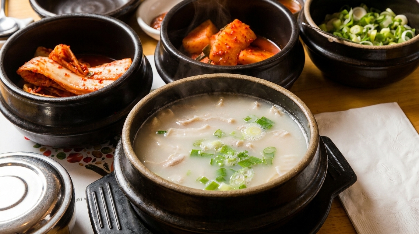 Steaming Korean Seolleongtang soup with green onions, surrounded by kimchi and other side dishes.