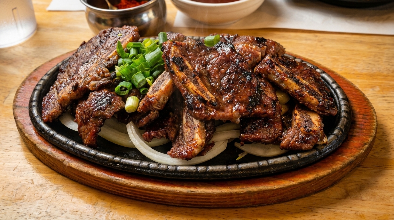 Grilled short ribs (galbi) with onions and scallions on a sizzling cast iron plate.