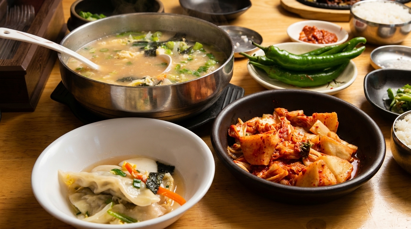 A Korean meal with a large pot of soup, kimchi, dumplings, green peppers, and rice on a wooden table.