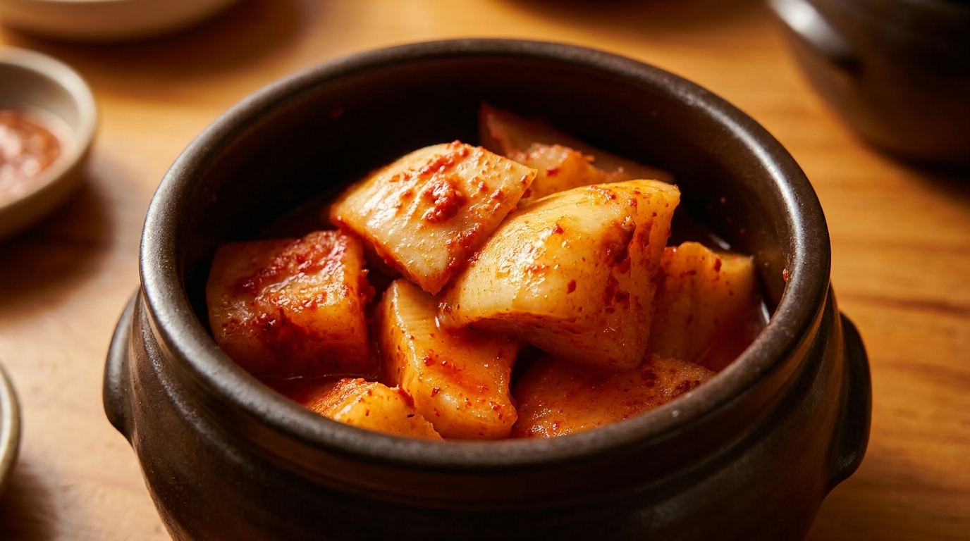 Close-up of cubed kimchi in a dark brown ceramic bowl on a wooden table.