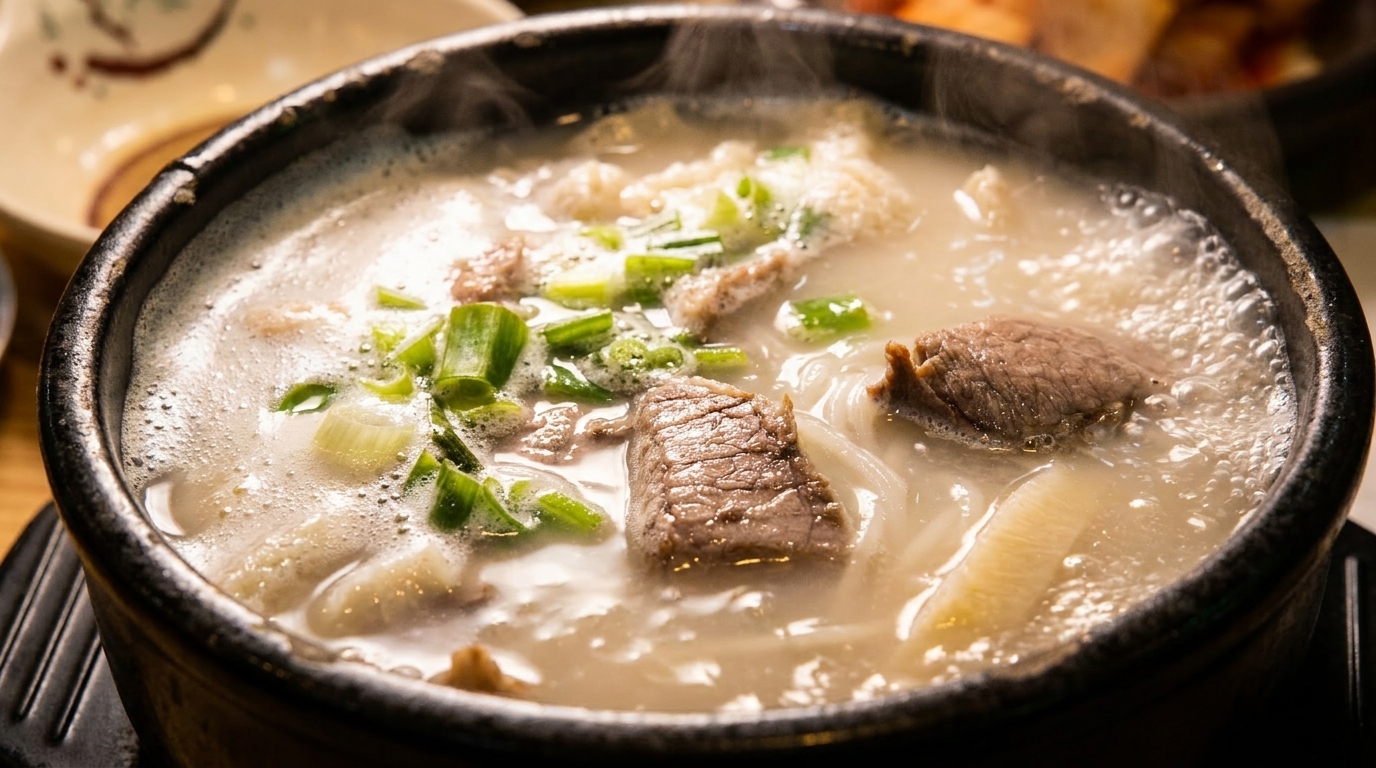 Steaming bowl of Korean Seolleongtang soup with beef, noodles, and green onions.