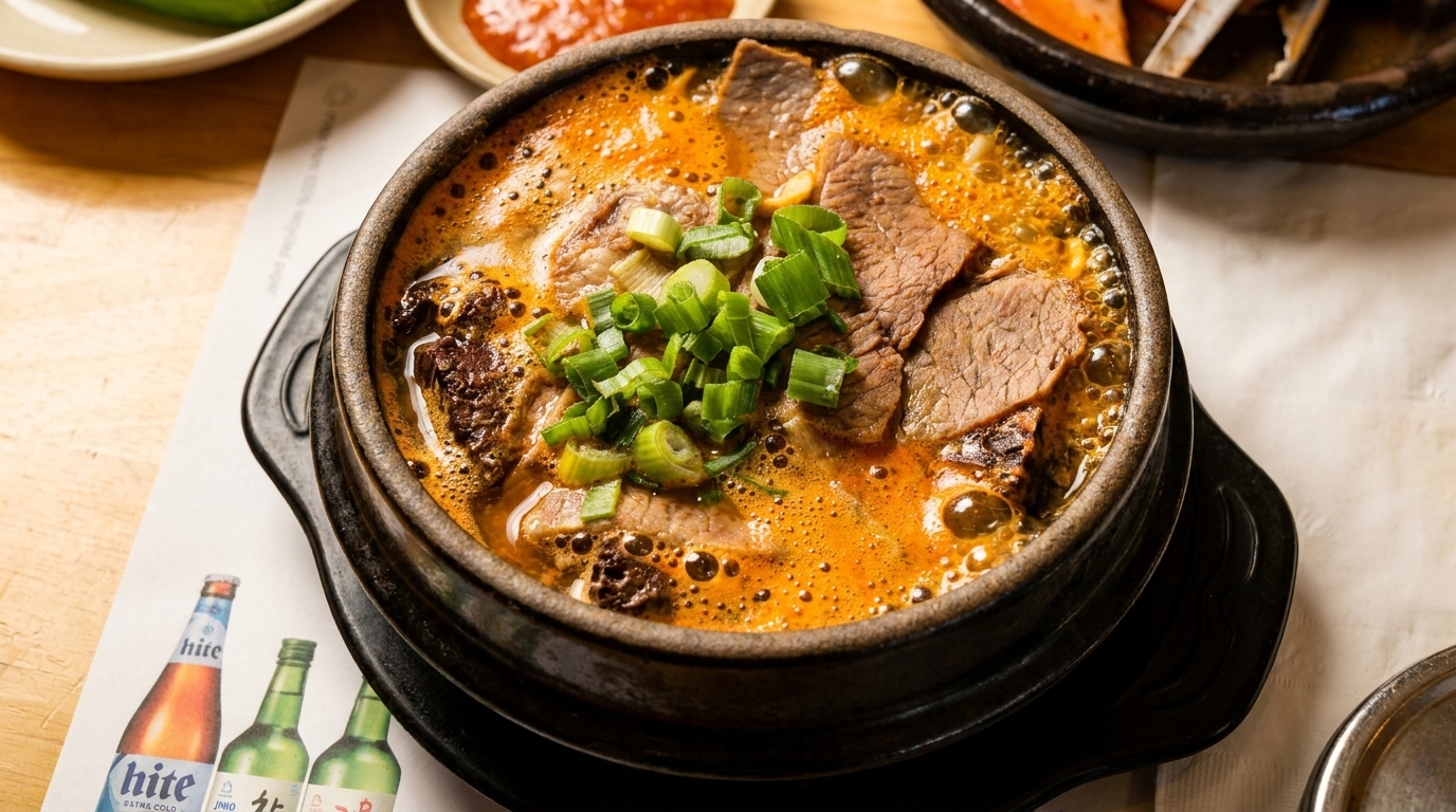 Spicy Korean beef soup with green onions in a black stone pot on a table.