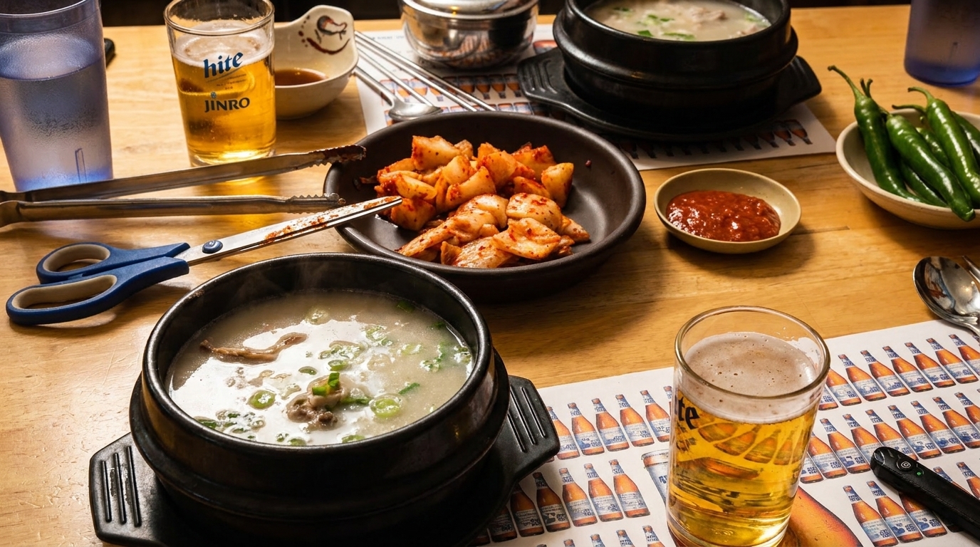 Korean soups, kimchi, green peppers, and beer on a wooden table with bottle-patterned placemats.