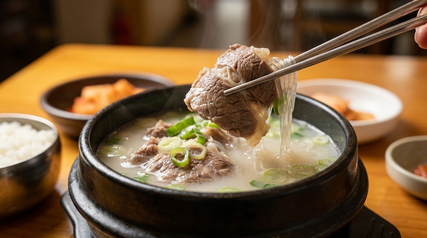 Chopsticks lifting beef and noodles from a steaming bowl of Korean Seolleongtang soup with rice and kimchi.