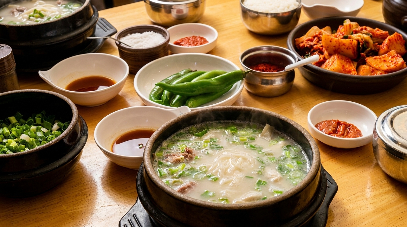 A Korean meal with two steaming bowls of soup, kimchi, rice, green peppers, and various condiments.