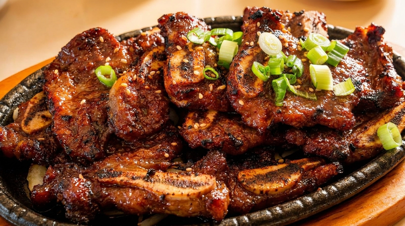 Grilled Korean BBQ short ribs (galbi) with sesame seeds and chopped green onions on a hot plate.