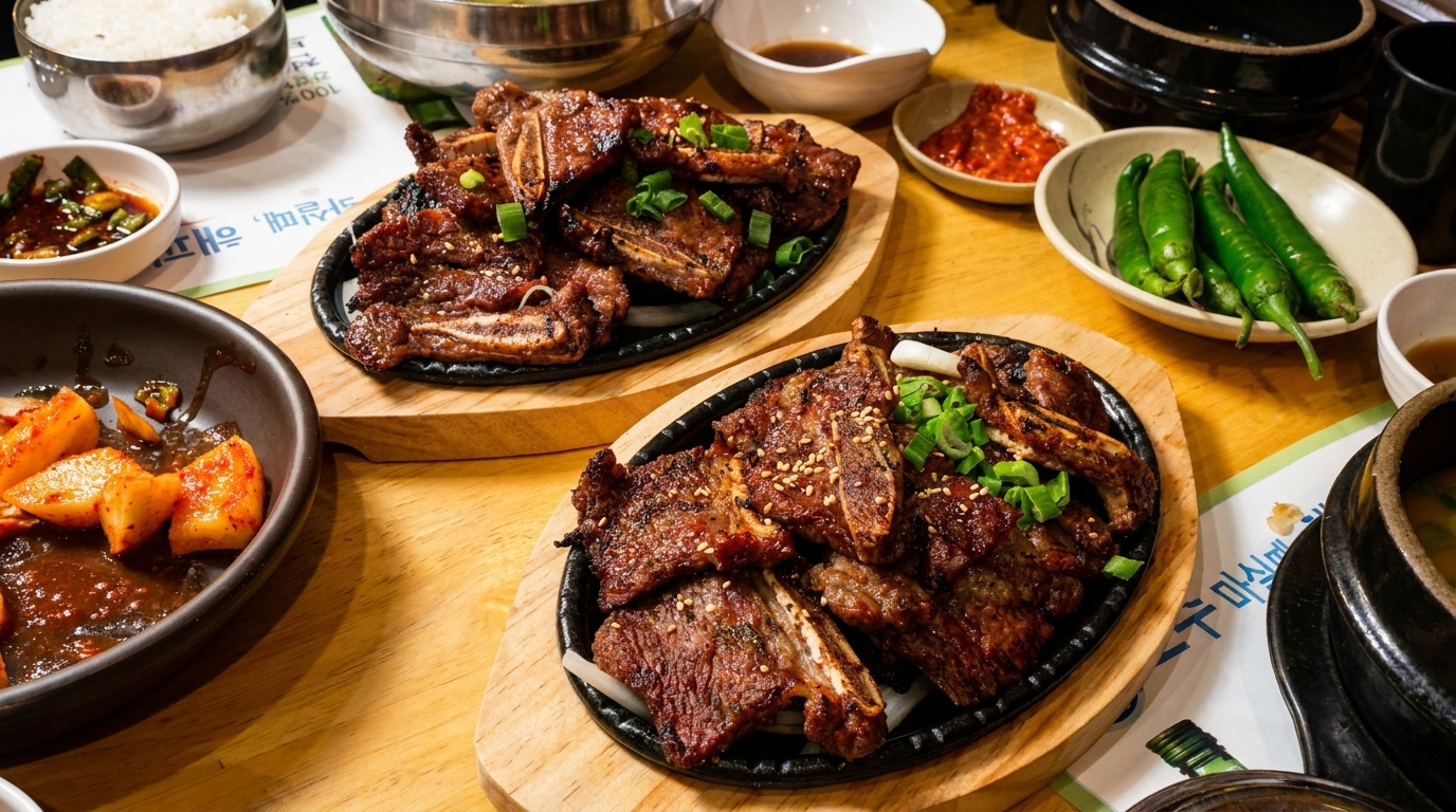 Two sizzling platters of Korean BBQ short ribs with various side dishes on a wooden table.