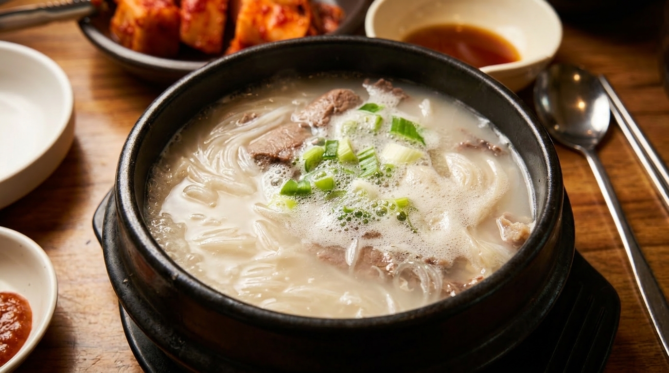 Close-up of a black bowl of Korean beef bone soup with noodles, meat, and green onions.