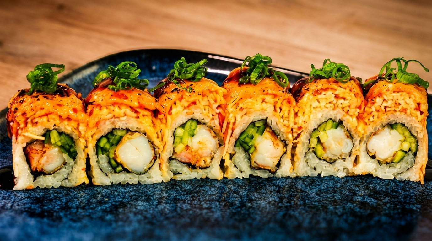 A row of six sushi rolls with shrimp, green vegetables, orange sauce, and green onions.