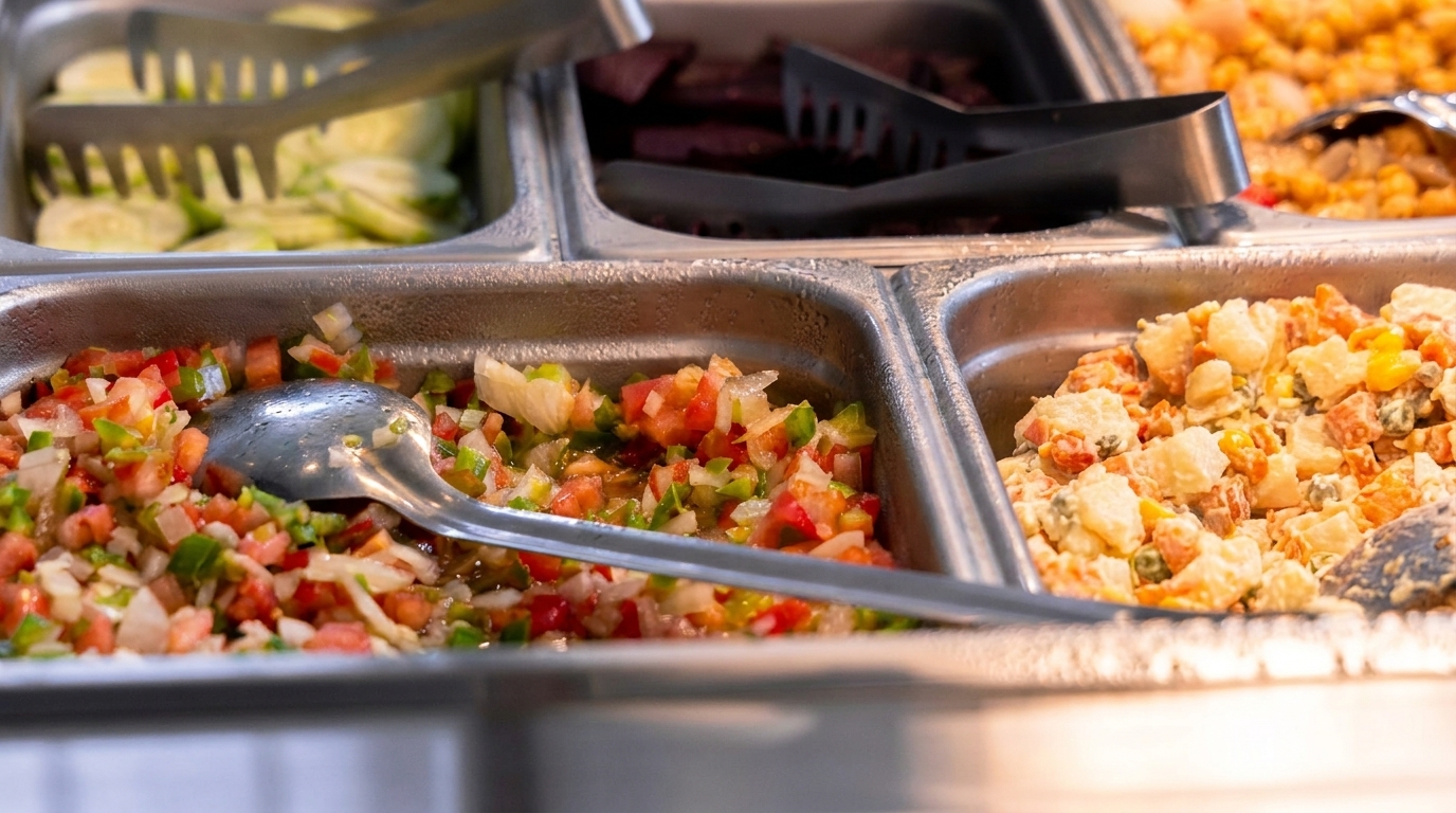 Close-up of a buffet with fresh pico de gallo, potato salad, and other dishes in metal trays.