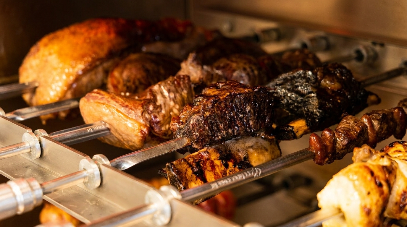 Various cuts of meat, including ribs and chicken, cooking on rotisserie skewers.