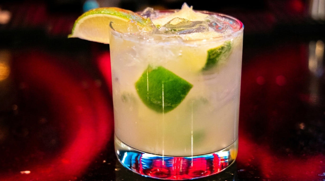 A refreshing cocktail with lime wedges and ice, set against a vibrant red and black background.