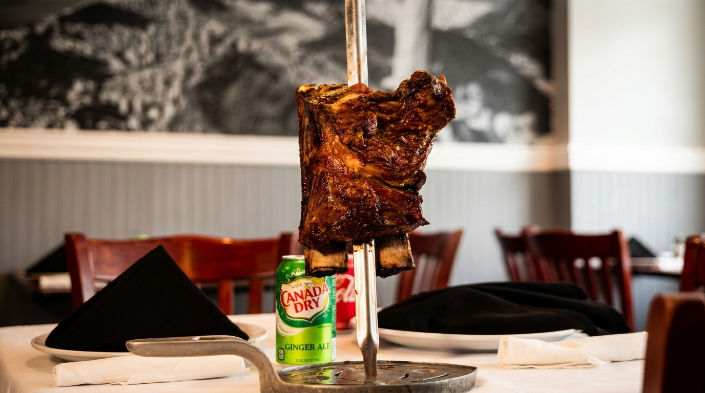 A large cut of roasted meat on a skewer, with a can of Canada Dry Ginger Ale in the background.