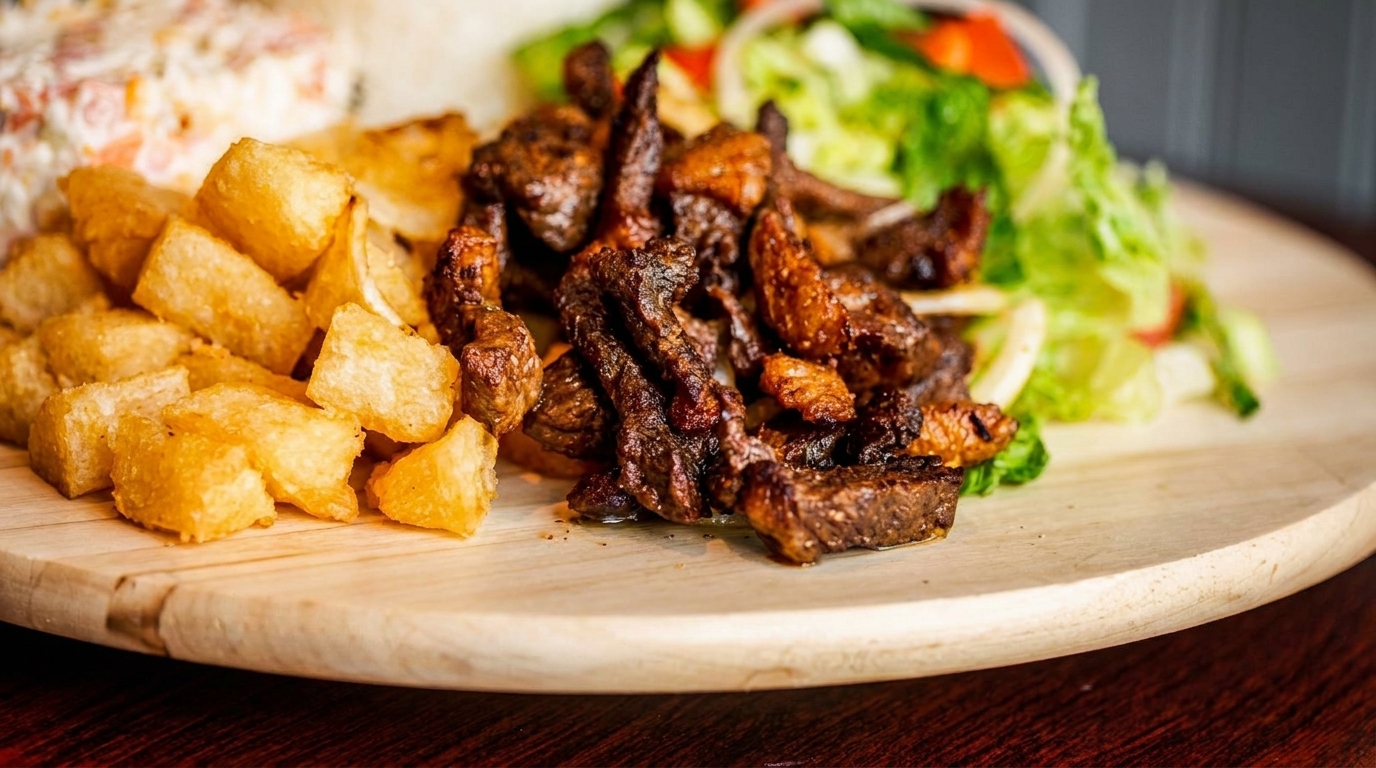 A wooden platter with crispy fried yuca, grilled steak strips, and a fresh green salad.
