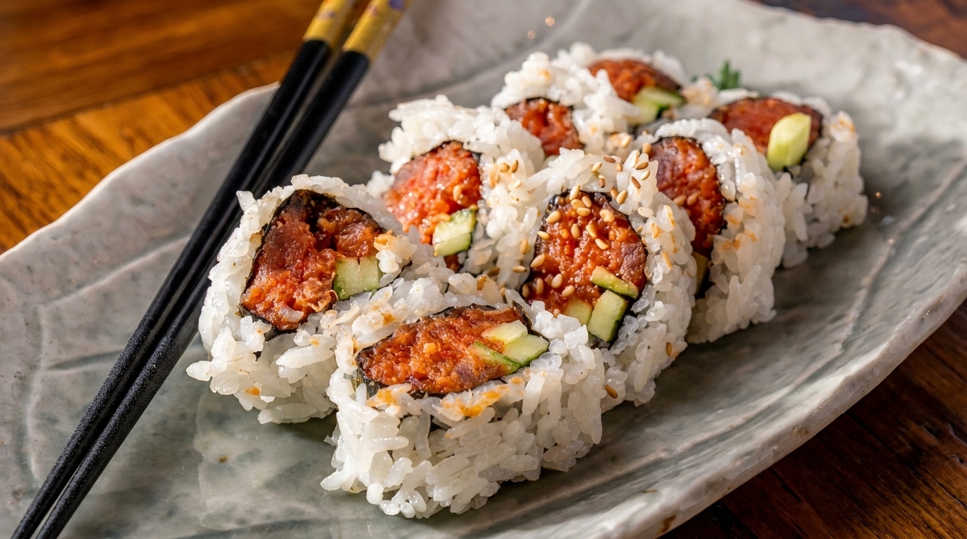 Spicy tuna sushi rolls with cucumber and sesame seeds on a grey plate with chopsticks.