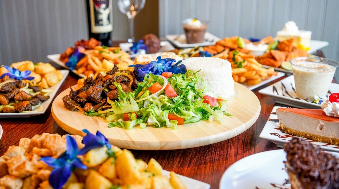 A table laden with various dishes including meat, rice, salad, fries, and desserts.